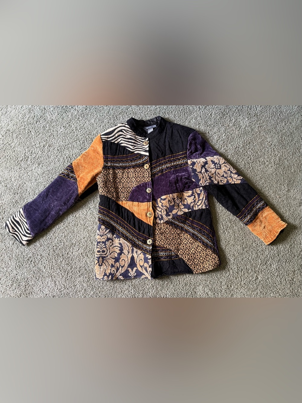 Vintage Indigo Moon Chenille Patchwork Lined Jacket Mixed Media Womens Size L